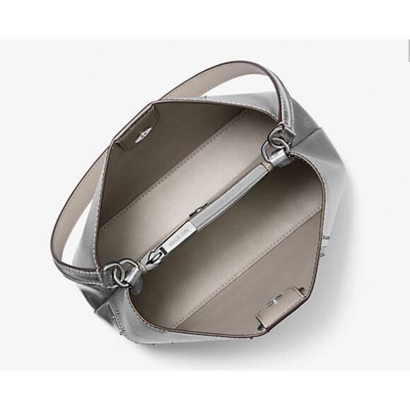 NWT~MICHAEL KORS Pratt Medium Studded Metallic Patchwork Sig Logo Shoulder Bag - Picture 6 of 7